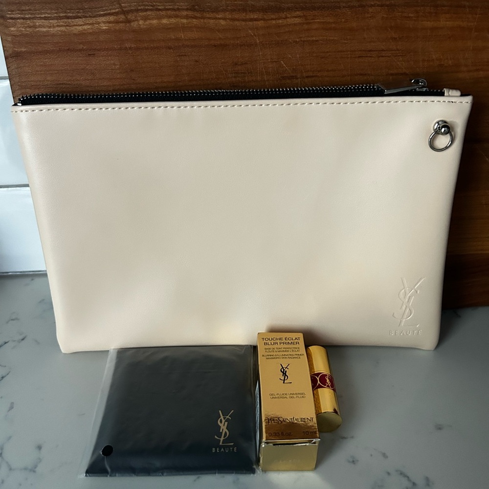 YSL New Beauty Pouch w/ Mirror, Mini Lipstick, Touché Eclat Primer.